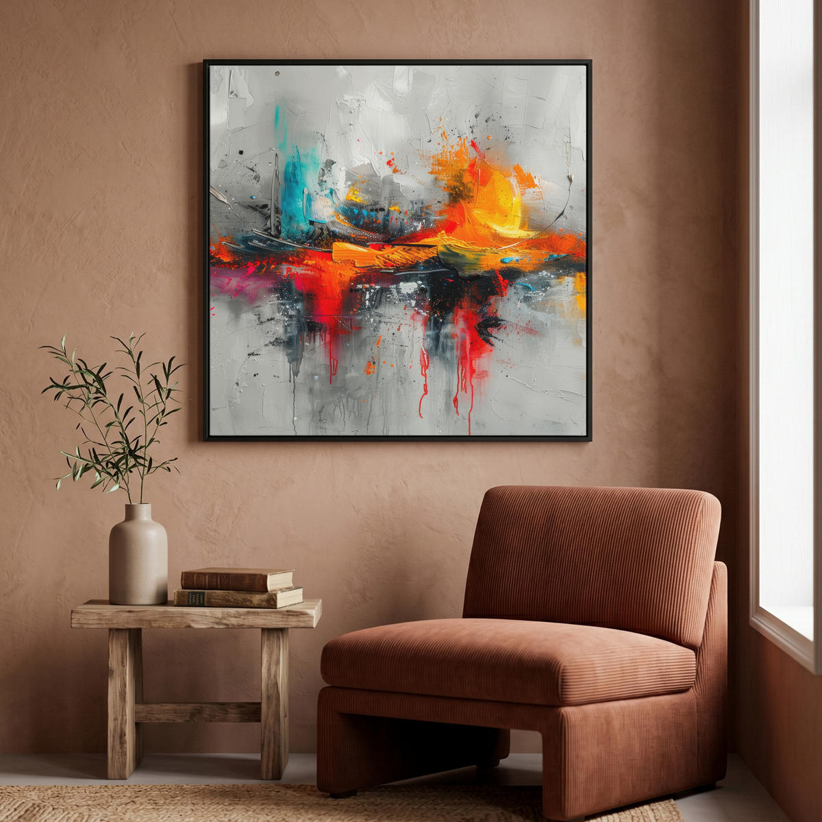 LEINWAND Bilder mit Rahmen - Moderne Kunst - Orange - Grau - Abstrakt - 90x90 - Hellgrau, Textil (90/90cm) - MuchoWow