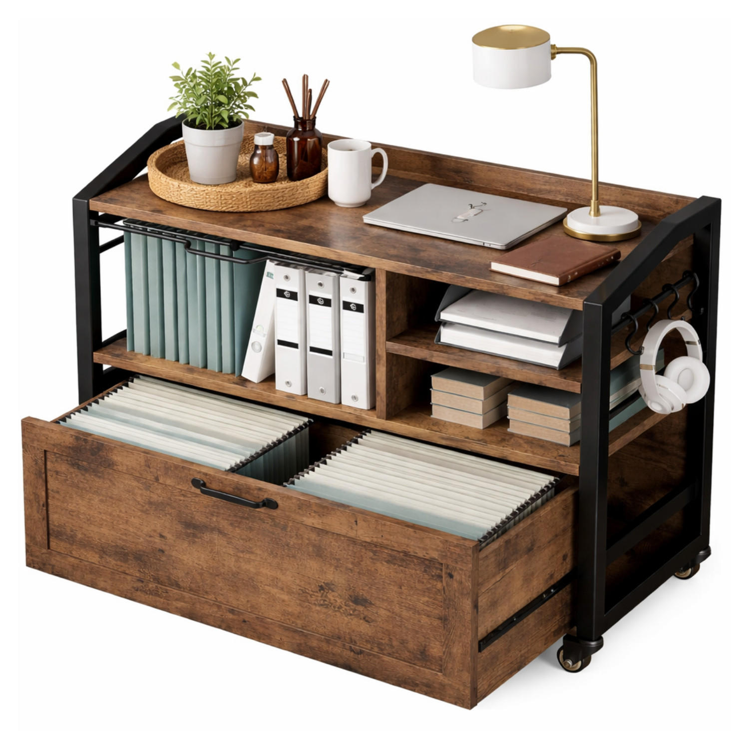 ROLLCONTAINER AKTENSCHRANK mit Hängeregister & Rollen INDUSTRIAL 83.8 x 40.0 x 72.5 cm - Wildeiche, Holzwerkstoff/Metall (83/72.5/40cm) - Quality Elegance