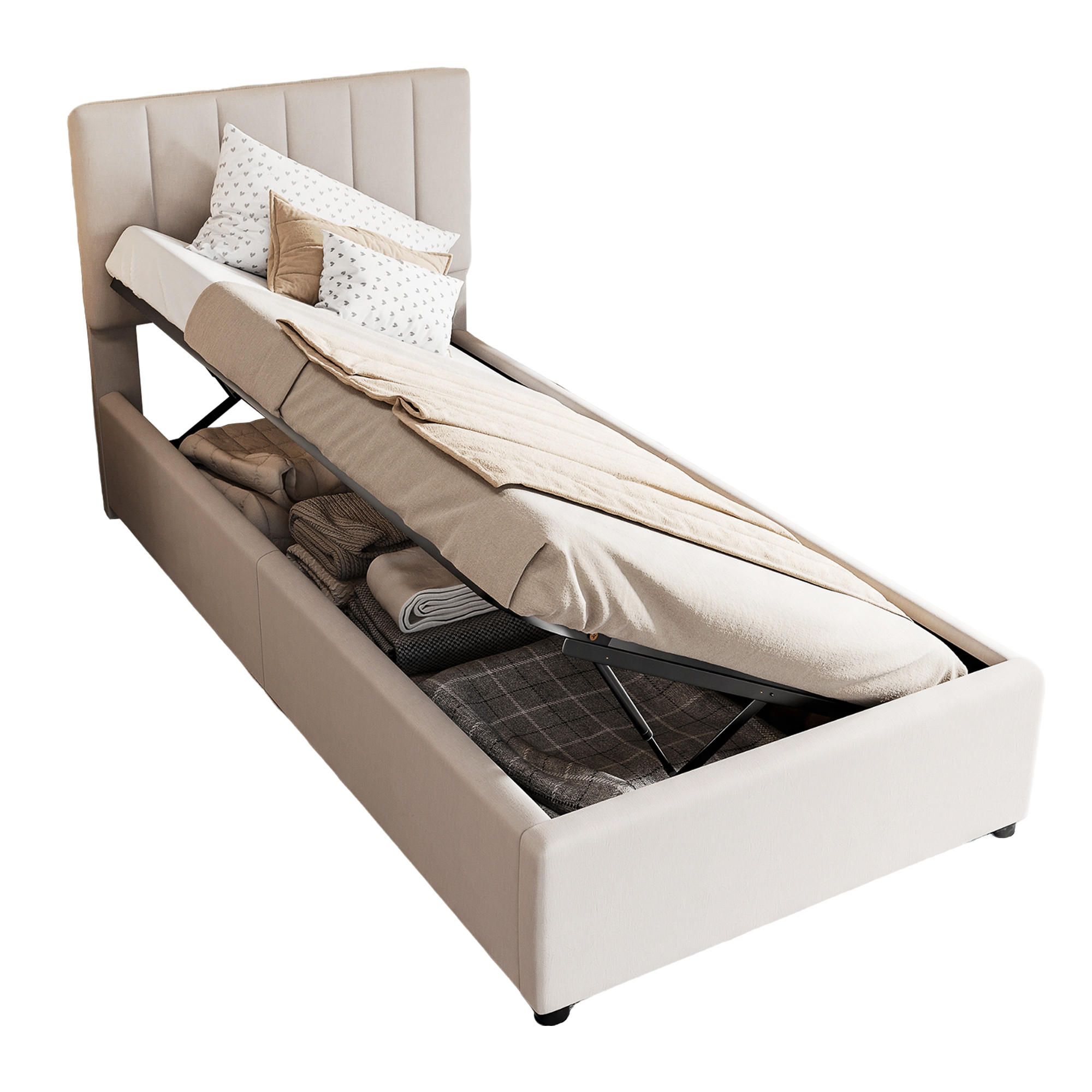 KINDERBETT 90/200 cm, in Beige, Stauraumbett mit Hydraulischem Bettkasten, Höhenverstellbares Gepolstertes Kopfteil, Lattenrost für Kinderzimmer - Beige/Schwarz, Holz/Textil (90/200cm) - BPKADHY