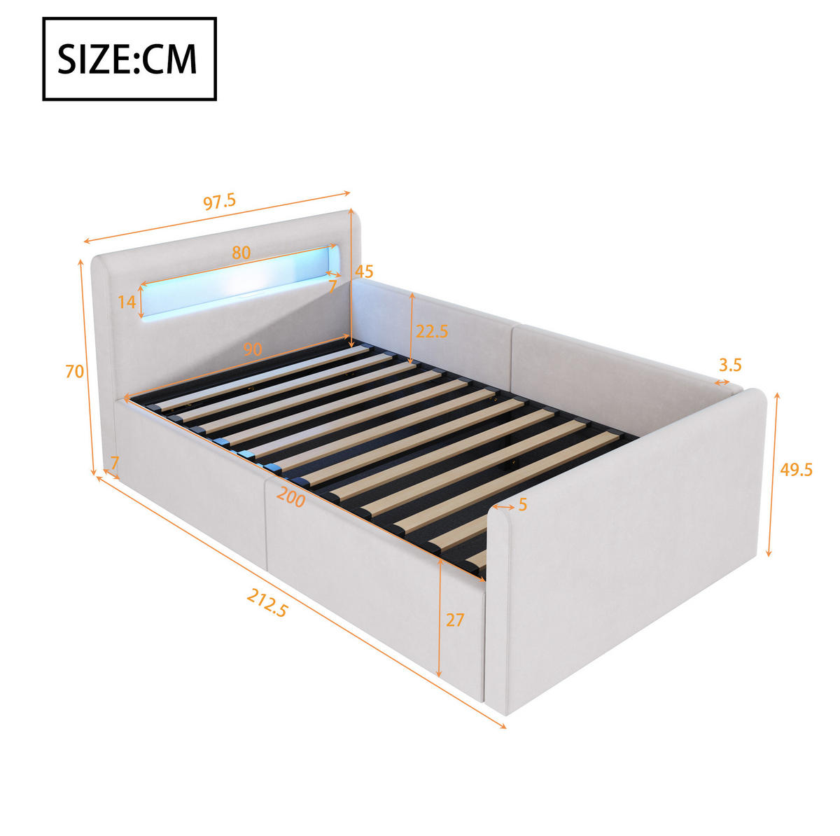POLSTERBETT mit Bettkasten und LED 90x200 cm Samt Beige - Beige, Metall (90/200cm) - Beauniv