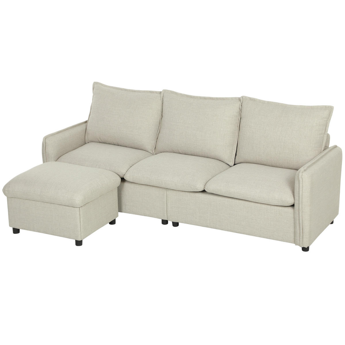 SOFA, 3-Sitzer, Stauraumhocker, Ecksofa, Federkernkissen, Leinen, creme - Multicolor, Holzwerkstoff (212/84/125cm) - FORIOUS