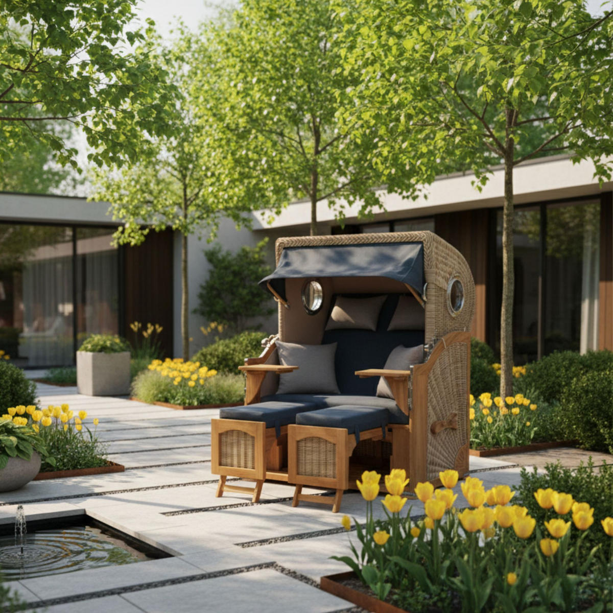 STRANDKORB Düne 2-Sitzer Teak Shell - Blau/Braun, Holz/Metall (125/170/80cm) - Mr. Deko