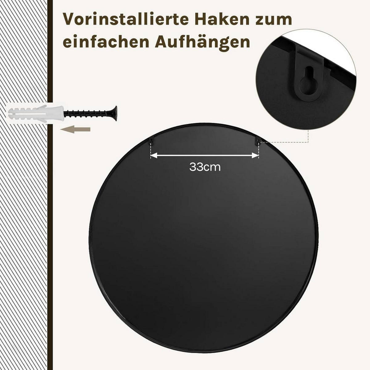 WANDSPIEGEL rund, φ 70cm, Schwarz - Schwarz, Glas/Holzwerkstoff (70/70/2cm) - Woltu