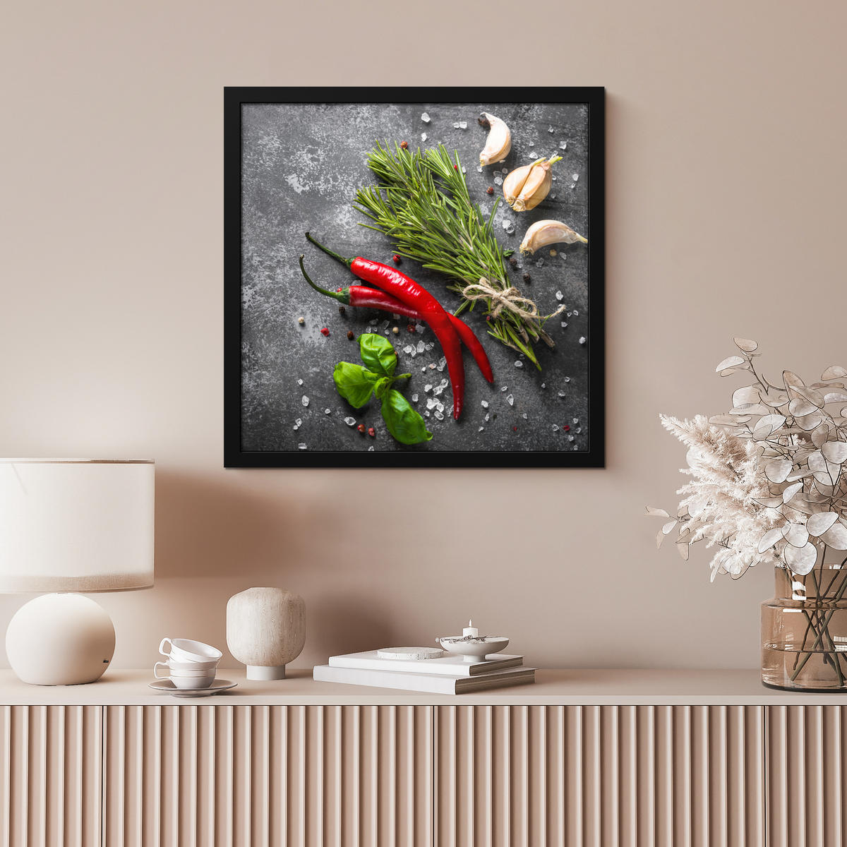 POSTER MIT RAHMEN Pfeffer - Kräuter - Gewürze - Beton 40x40 cm - Dunkelgrau, Papier (40/40cm) - MuchoWow