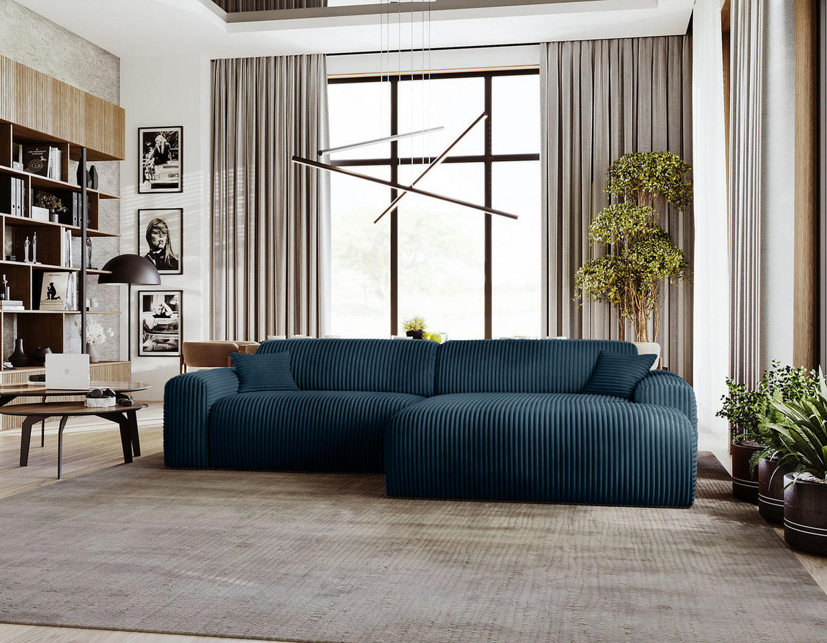 ECKSOFA mit Longchair - Cord - Blaugrau/Schwarz, Kunststoff/Textil (284/178cm) - home24