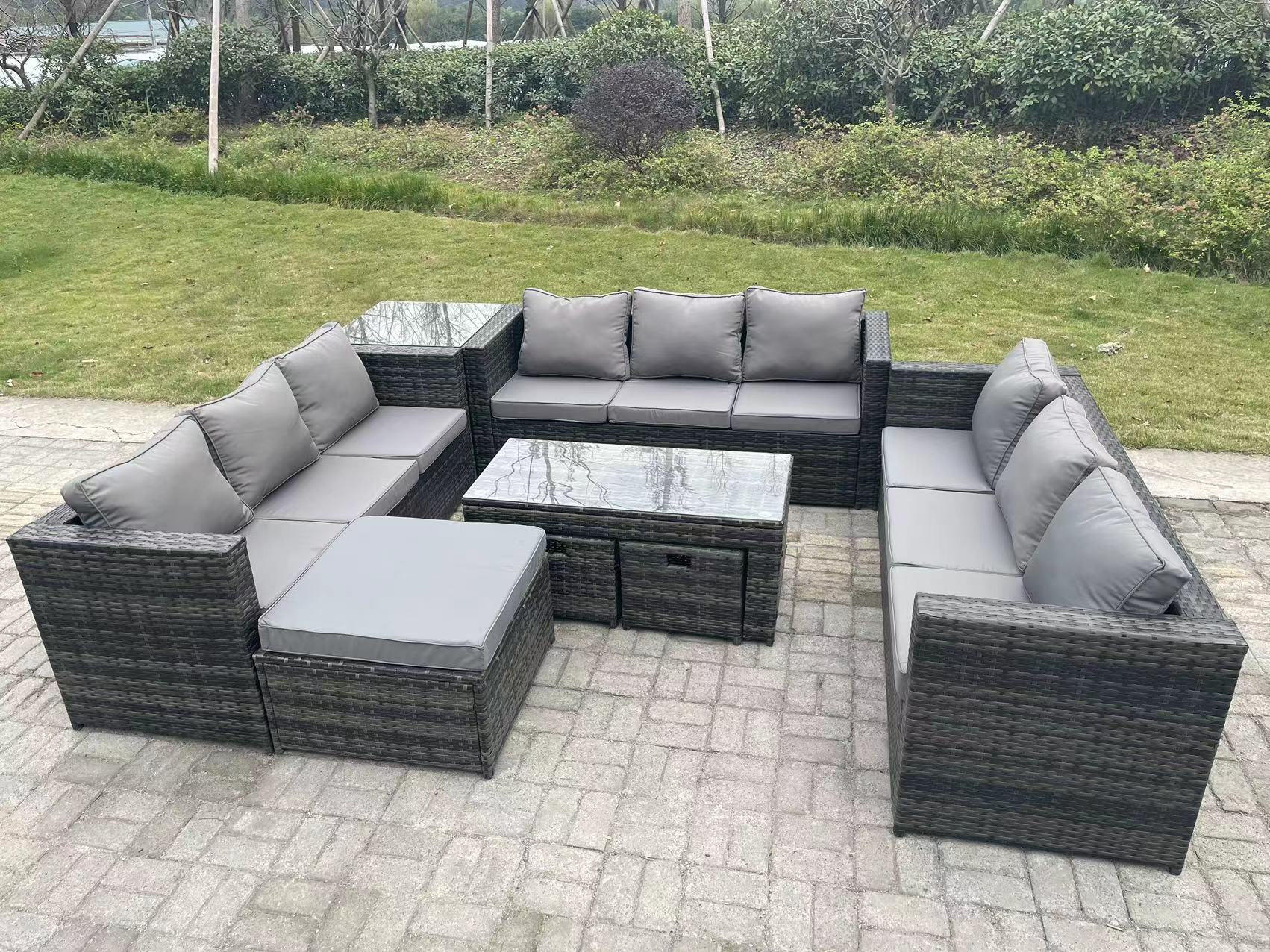 LOUNGESOFA Polyrattan 12-Sitzer - Dunkelgrau/Grau, Glas/Kunststoff - Fimous