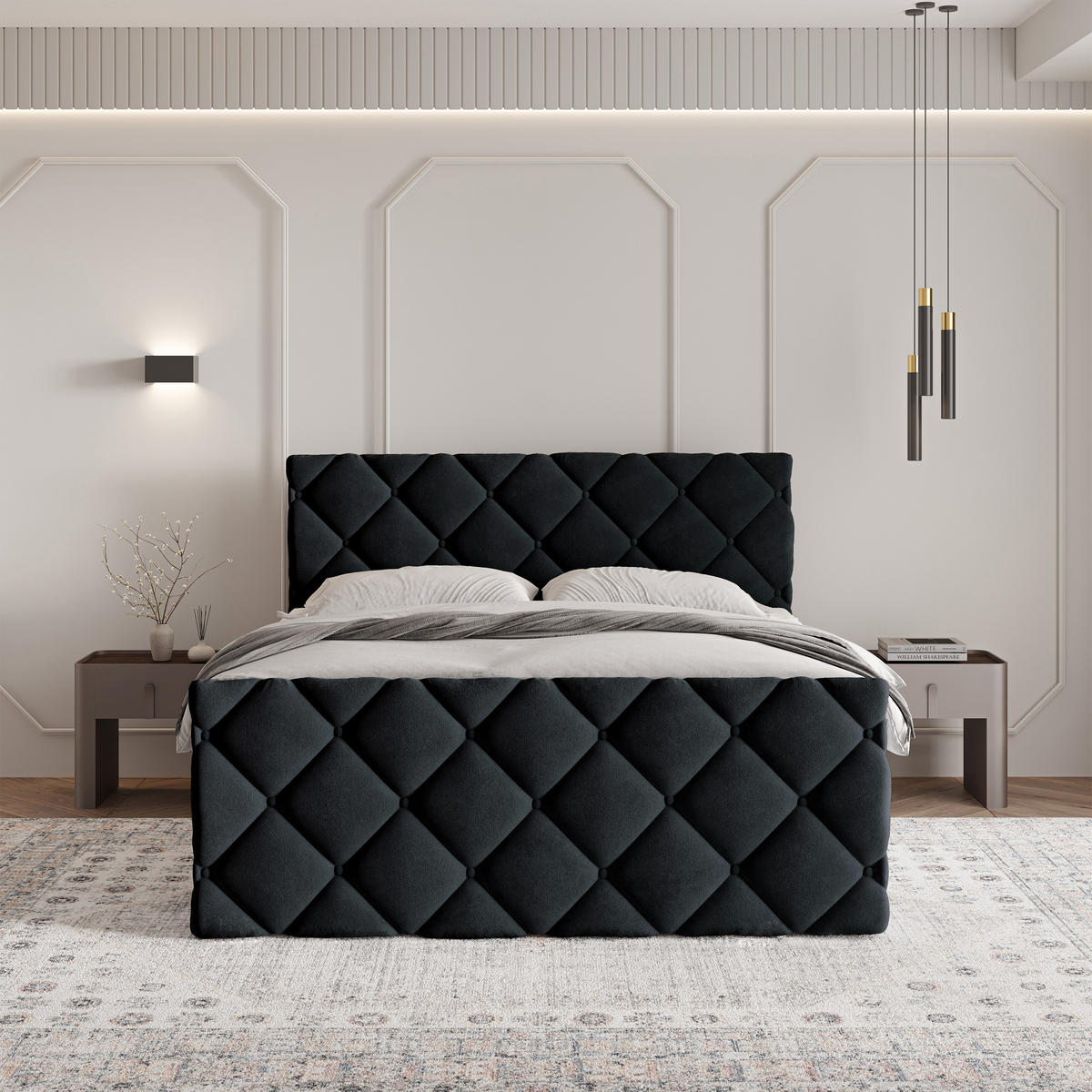 BOXBETT ROVARI 180x200 cm mit Matratze und Topper - Schwarz - Schwarz, Holz (180/200cm) - MASSENO