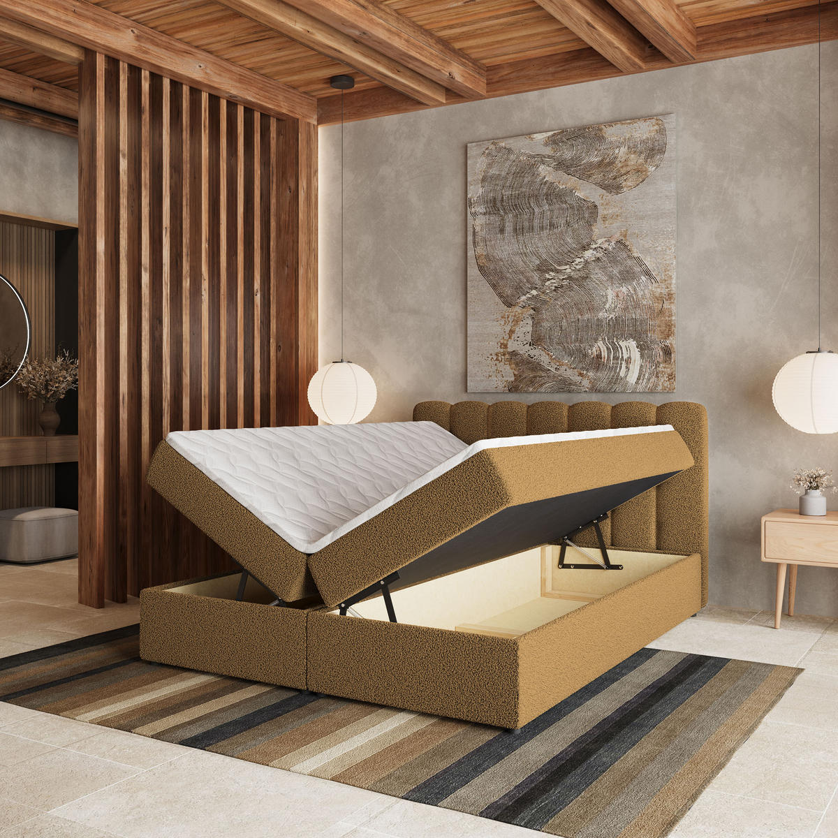 BOXBETT SOLIA 140x200 cm mit Matratze und Topper, H2+H3 - Orange - Orange, Holz (140/200cm) - MASSENO