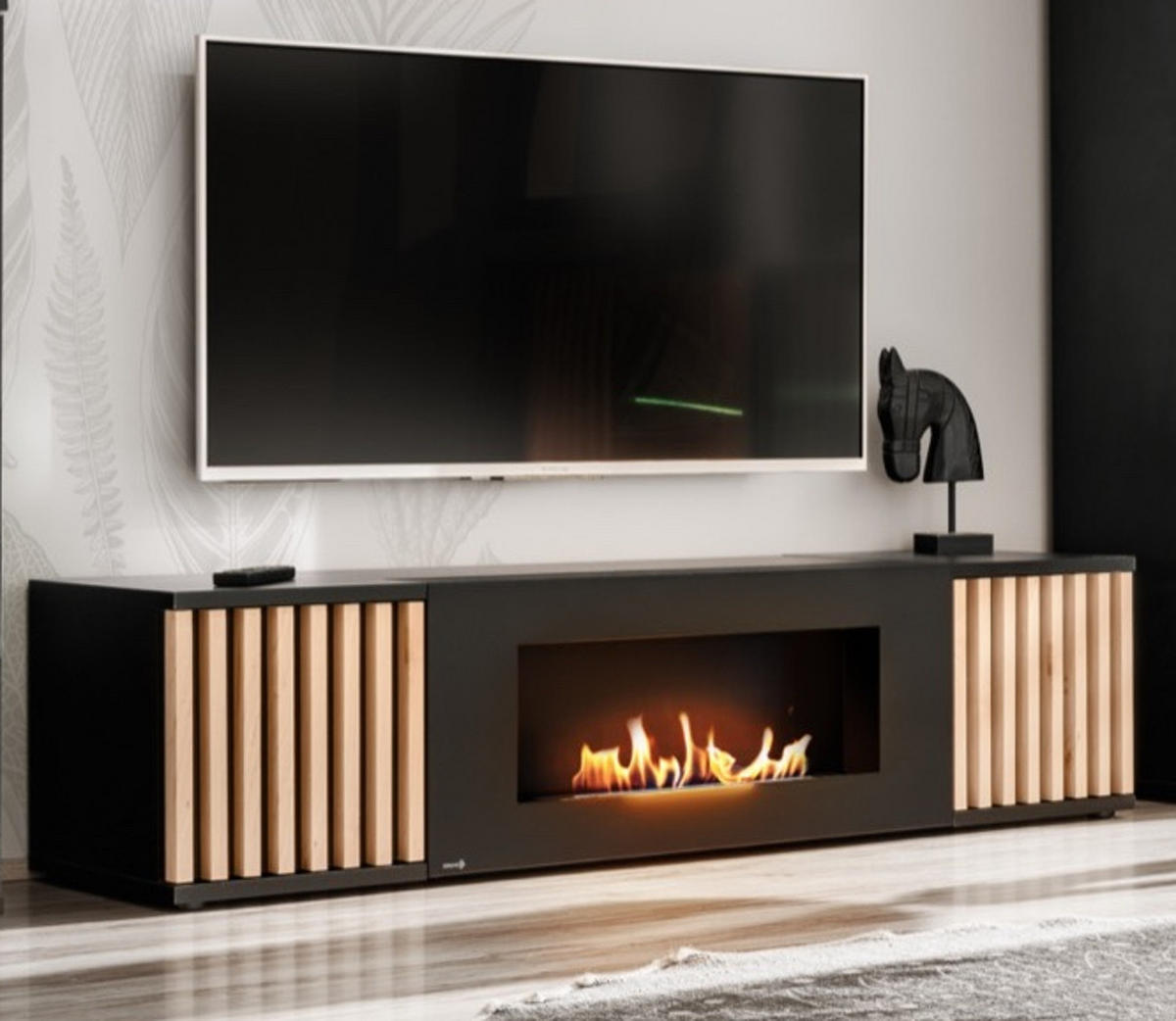 TV-LOWBOARD schwarz, Eiche Jackson 163 cm, TV Unterteil mit Bio Ethanol Kamin - Eichefarben/Schwarz, Holzwerkstoff/Kunststoff (163/42/45cm) - Furn.Design
