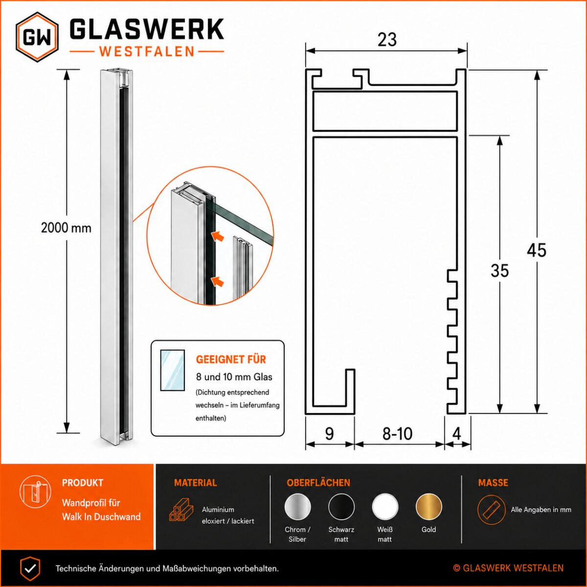 WALK-IN-DUSCHWAND 160 × 200 cm – Satiniertes ESG-Sicherheitsglas – Schwarz - Schwarz, Glas (10/160/200cm) -  Glaswerk Westfalen