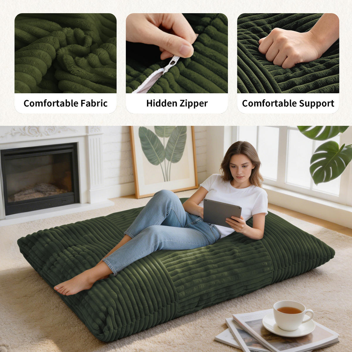 SITTSÄCK XXL 3-I-1 i Manchester som Fåtölj, Soffa och Säng - Grön, Textil (180/25/125cm) - Urban Meuble