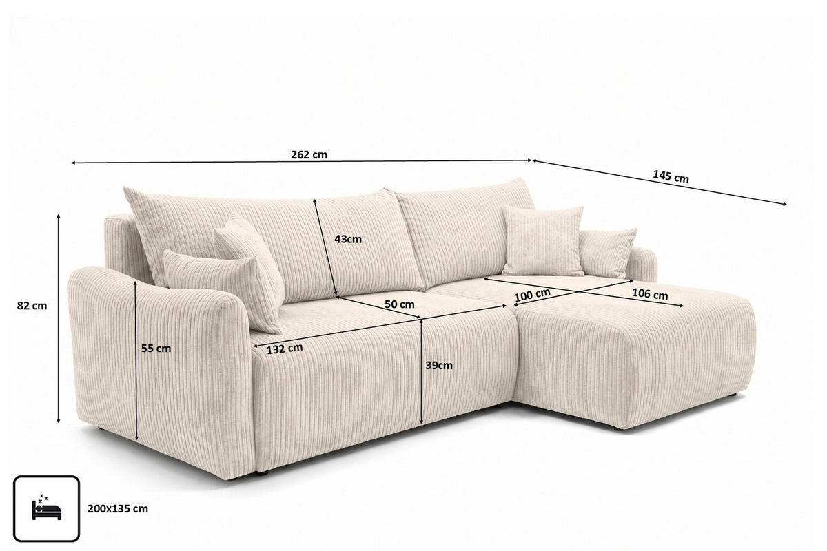 ECKSOFA Mit Schlaffunktion, Cordstoff Poso, Beige, Rechts, JAPANDI - Creme, Holz (262/145cm) - Kaiser Möbel