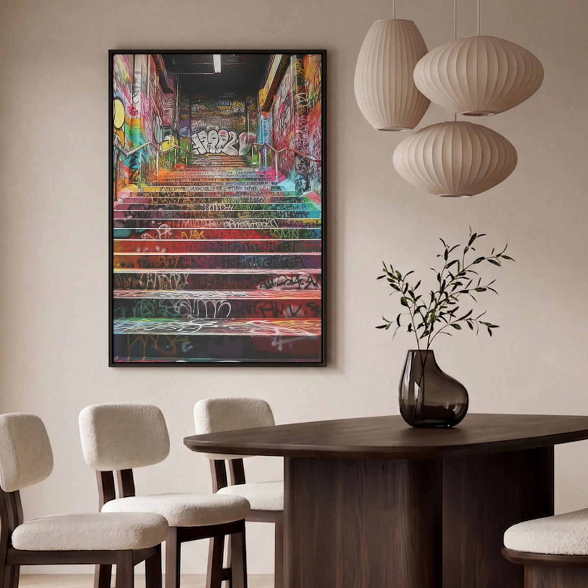 LEINWAND Bilder mit Rahmen - Treppe - Graffiti - Farben - Kunst - 100x150 - Multicolor, Textil (100/150cm) - MuchoWow