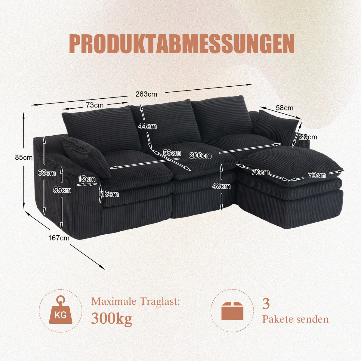 3-SITZER ECKSOFA Cord Schwarz mit Kissen und Hocker - Schwarz, Textil (263/167cm) - WISHDOR