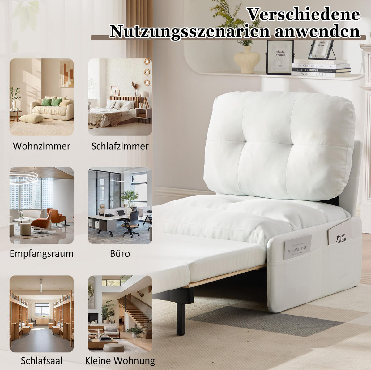 SCHLAFSESSEL aus Leinen 81,5x92x90 cm Weiß 2-in-1 ausziehbar mit Schlaffunktion und Seitentaschen - Weiß, Kunststoff (81.5/90/195cm) - Modfu