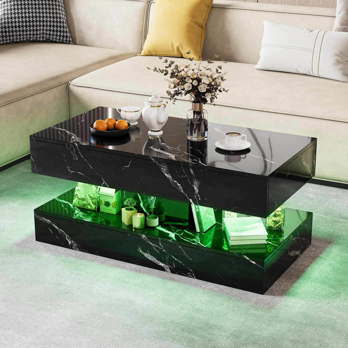COUCHTISCH 100x50 cm Schwarz Hochglanz Marmoroptik mit LED-Beleuchtung & Schubladen - Schwarz, Holz (100/50/45cm) - SHOPENTRA