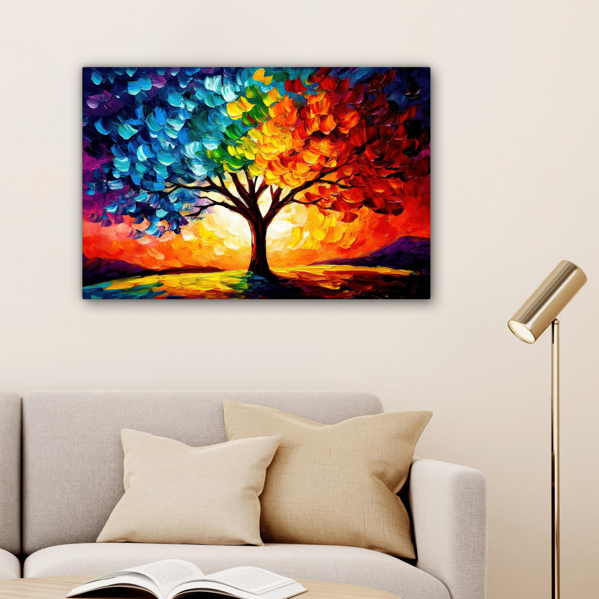 LEINWANDBILD - Baum - Kunst - Natur - Sonnenuntergang - 90x60 - Deko Wohnzimmer - Multicolor, Textil (90/60cm) - MuchoWow