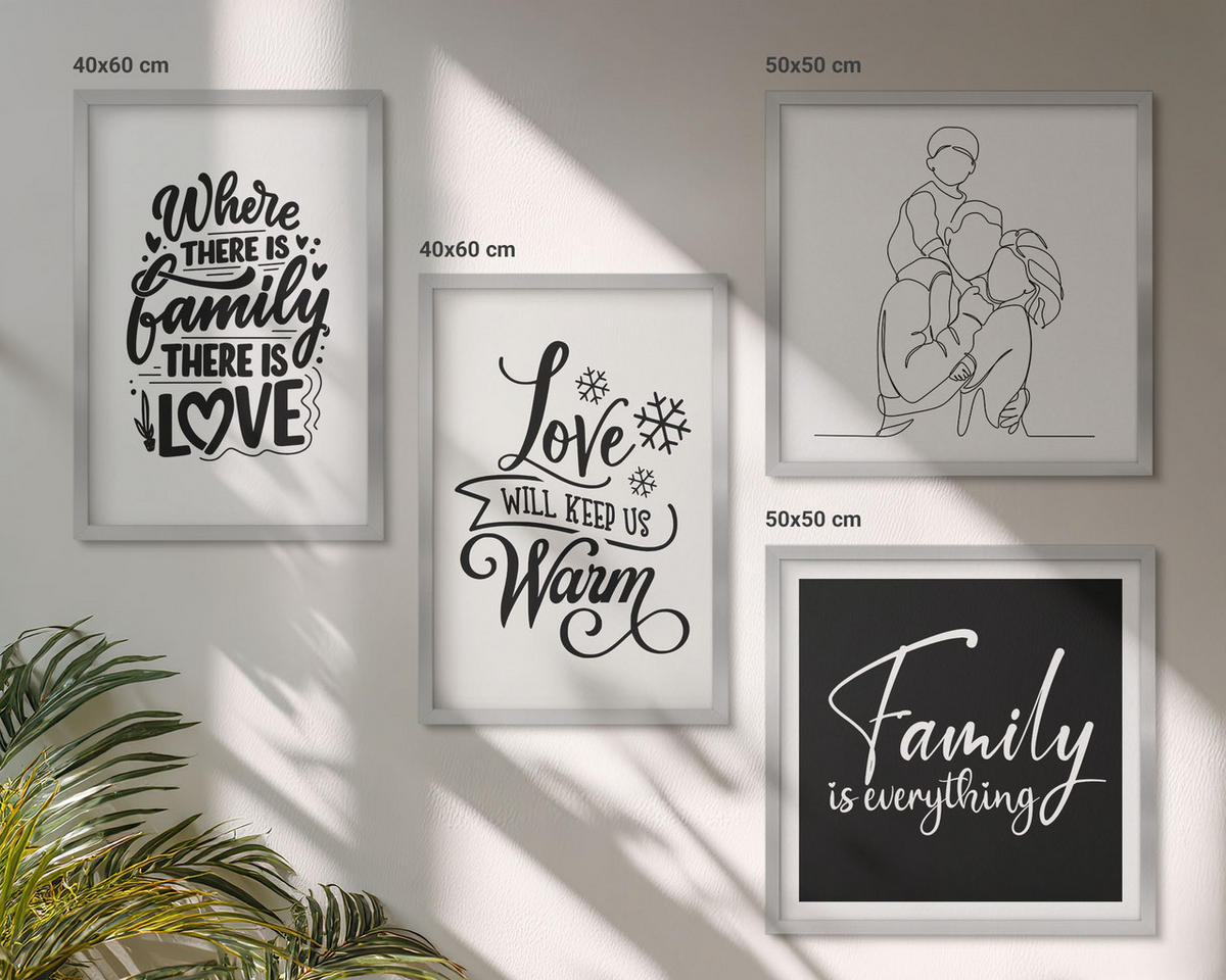 WANDBILDER 4er Set - 50x50 cm & 40x60 cm Silberner Rahmen - Familie, Liebe, Wärme, Zuhause - Silberfarben, Kunststoff (50/50cm) - ArtPrintCave