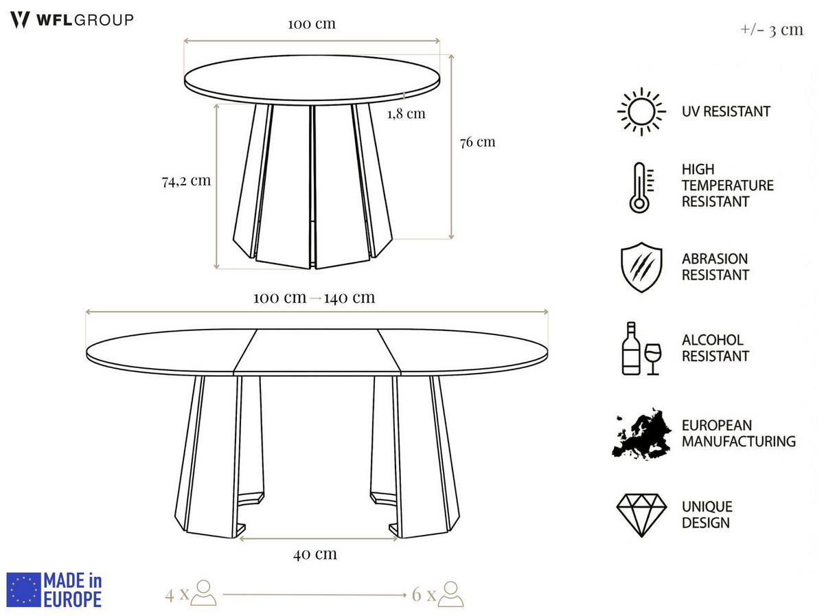 ESSTISCH Lunda rund ausziehbar verlängerbar, Buche Hellbraun 100-140/100/76 cm - Buchefarben/Schwarz, Holzwerkstoff (100/100/76cm) - WFL GROUP