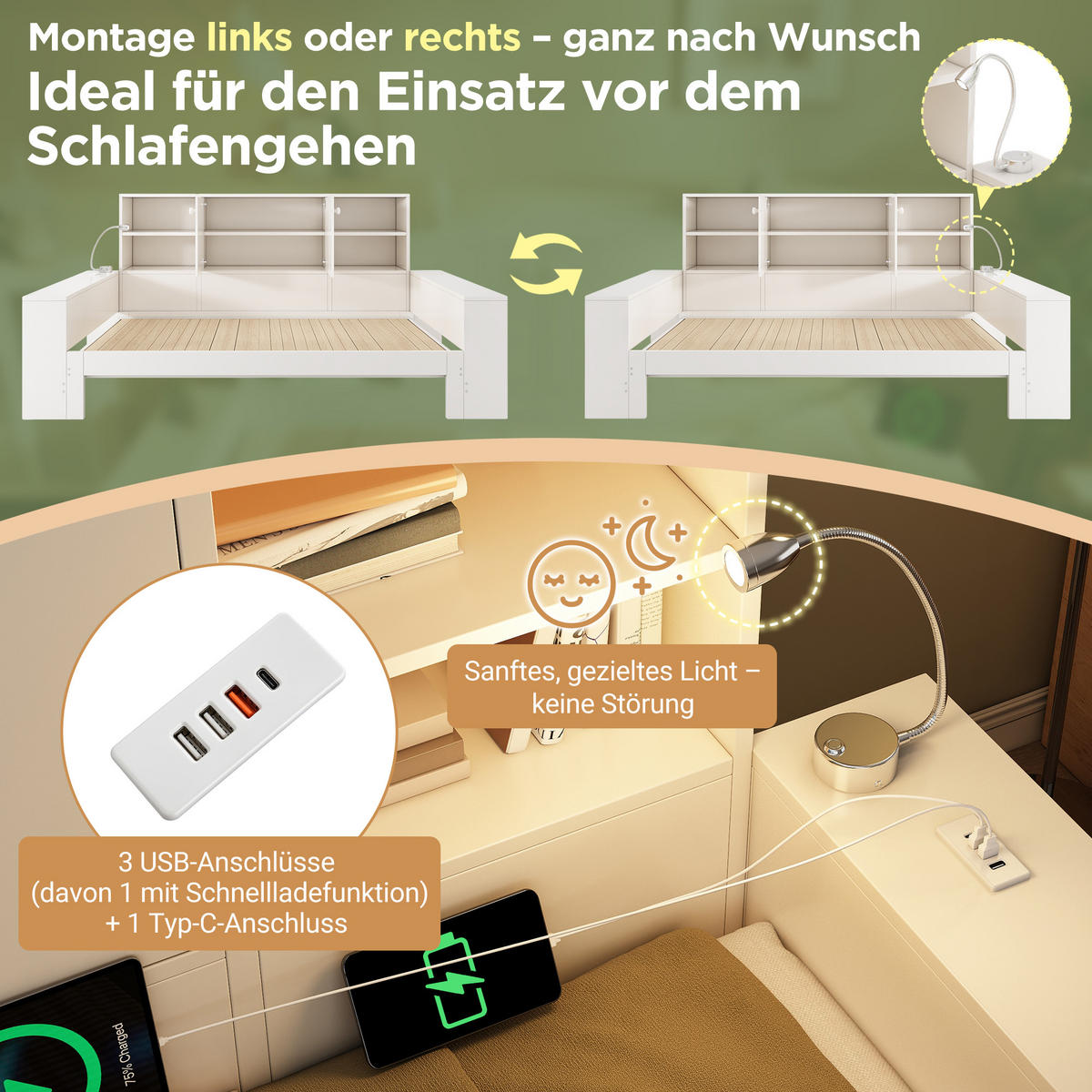 BETT 90/200 cm & 180/200 cm in Weiß mit Ausziehbett, Stauraum, USB, Type-C und LED Holz Design - Weiß, Holzwerkstoff (90/200cm) - STILVORA