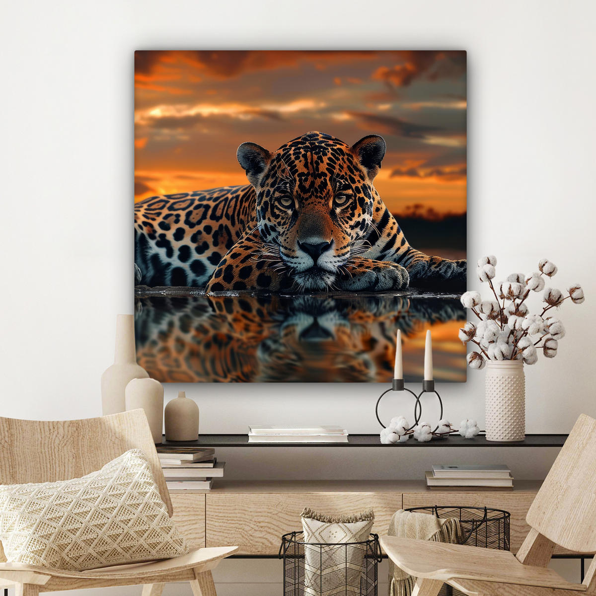 LEINWANDBILD Natur - Leopard - Tier - Sonnenuntergang - Modern Deko Groß 90x90 cm - Orange, Textil (90/90cm) - MuchoWow