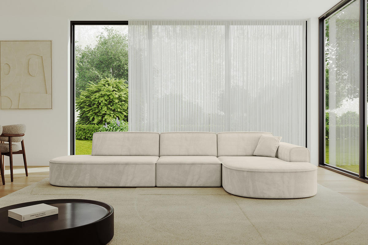 ECKSOFA Ottomane Rechts MARI-L2 - 328x171x79 cm Ecru Velours - Ecru/Schwarz, Holzwerkstoff/Kunststoff (171/328cm) - ALTDECOR