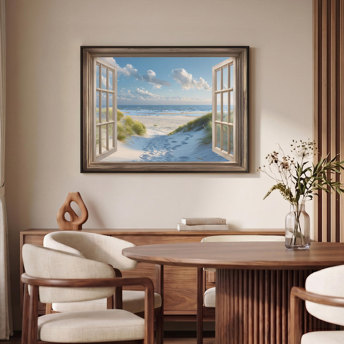 LEINWAND Bilder mit Rahmen - Aussicht - Strand - Fenster - Dünen - Meer - 100x70 - Hellblau, Textil (100/70cm) - MuchoWow