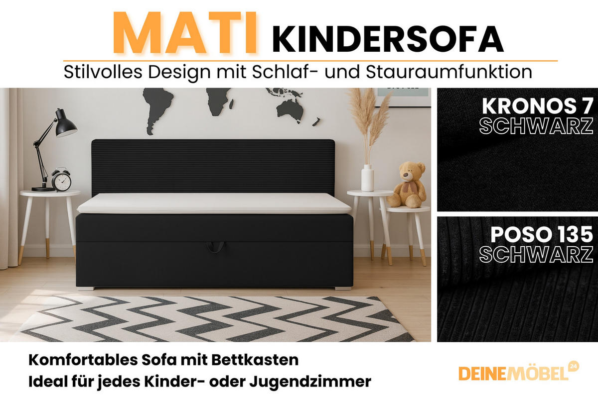 BOXBETT MATI 100/200 Schwarz mit Taschen-Federkernmatratze H4 - Schwarz, Holz/Holzwerkstoff (100/200cm) - Deine Möbel 24