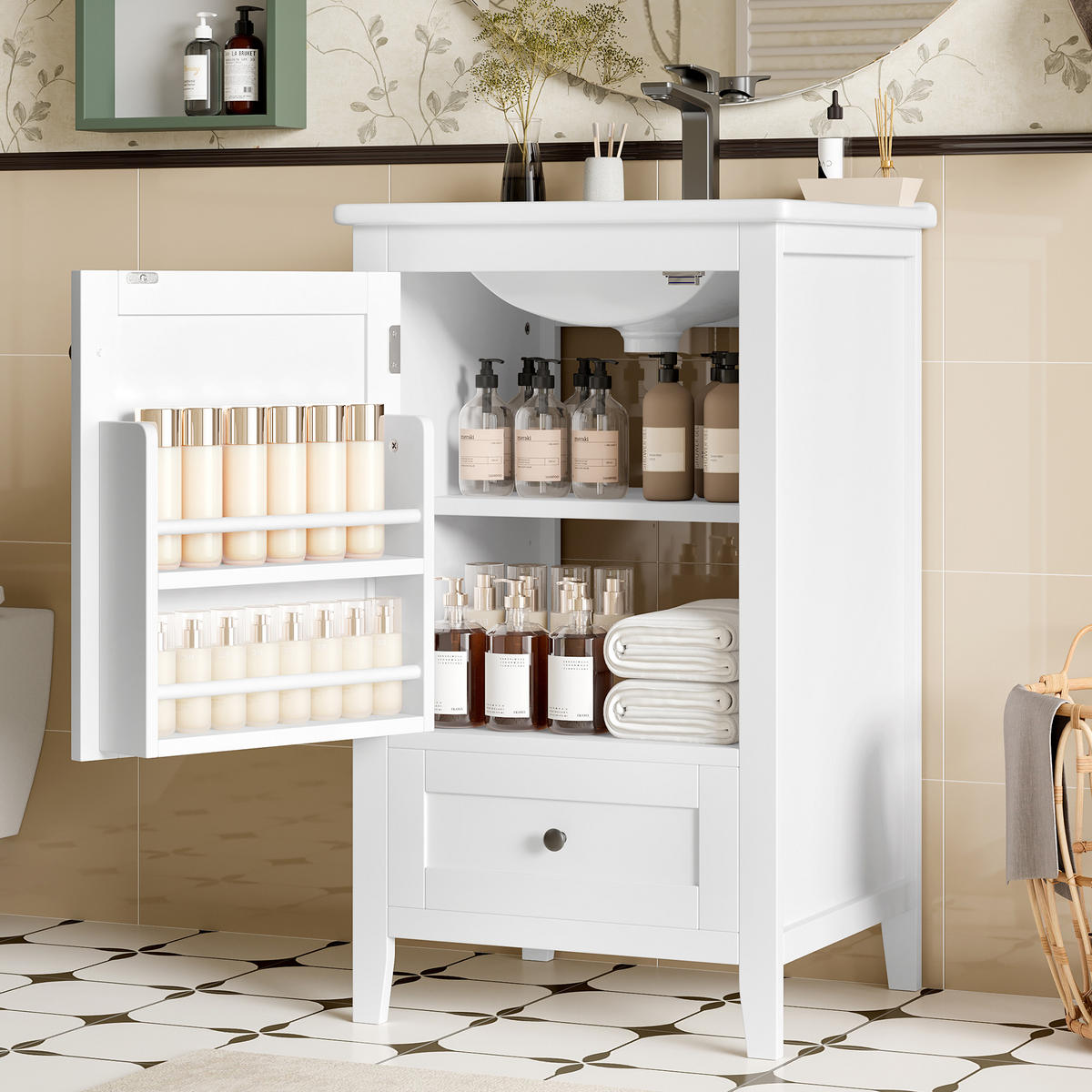 HOCHSCHRANK 51/46/85 cm Weiß mit 1 Schublade, ohne Wasserhahn - Schwarz/Weiß, Holz/Holzwerkstoff (46/85/51cm) - Oxeza