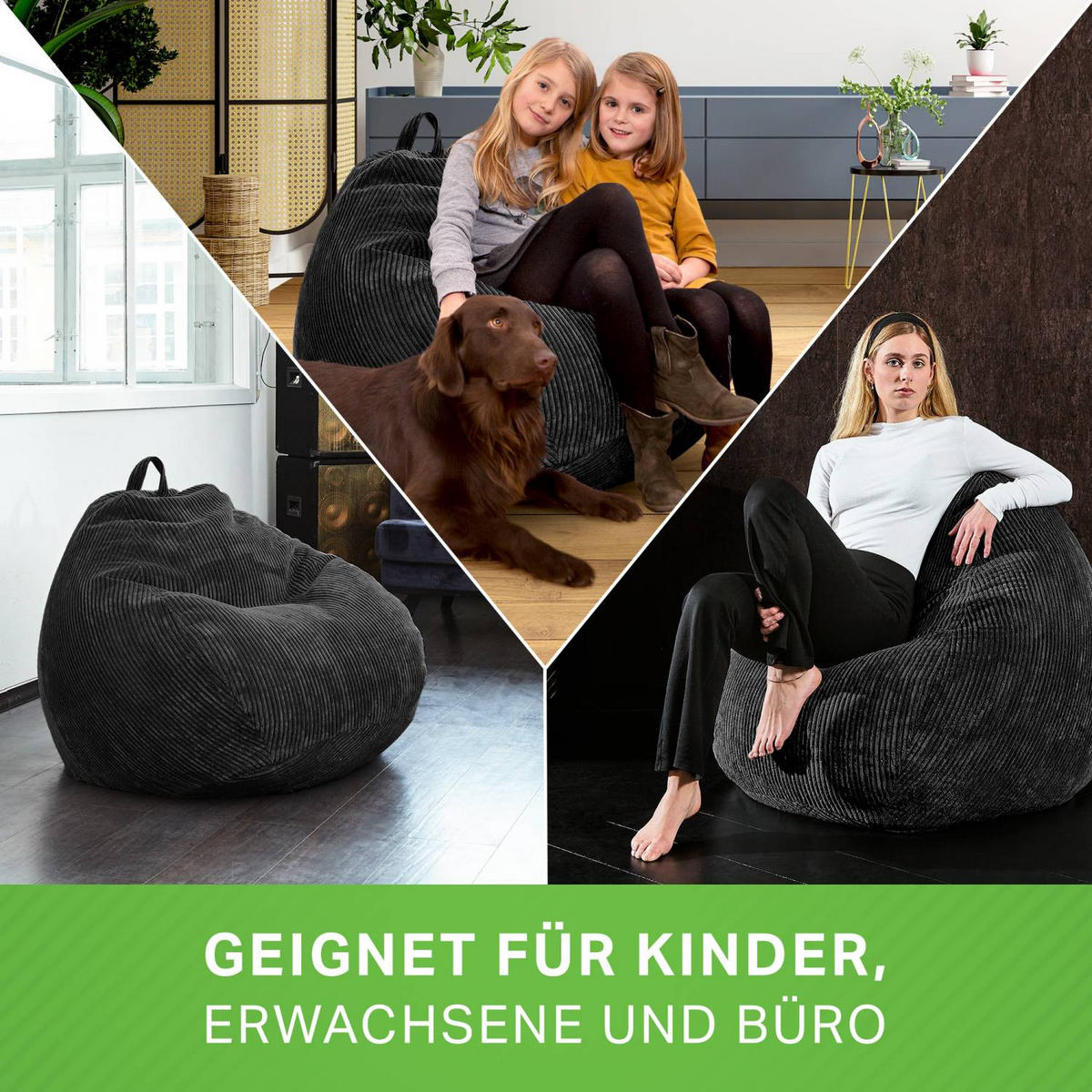 SITZSACK Indoor "Scoop" 90x110cm - Cord - Schwarz, Textil (90/110/90cm) - Green Bean