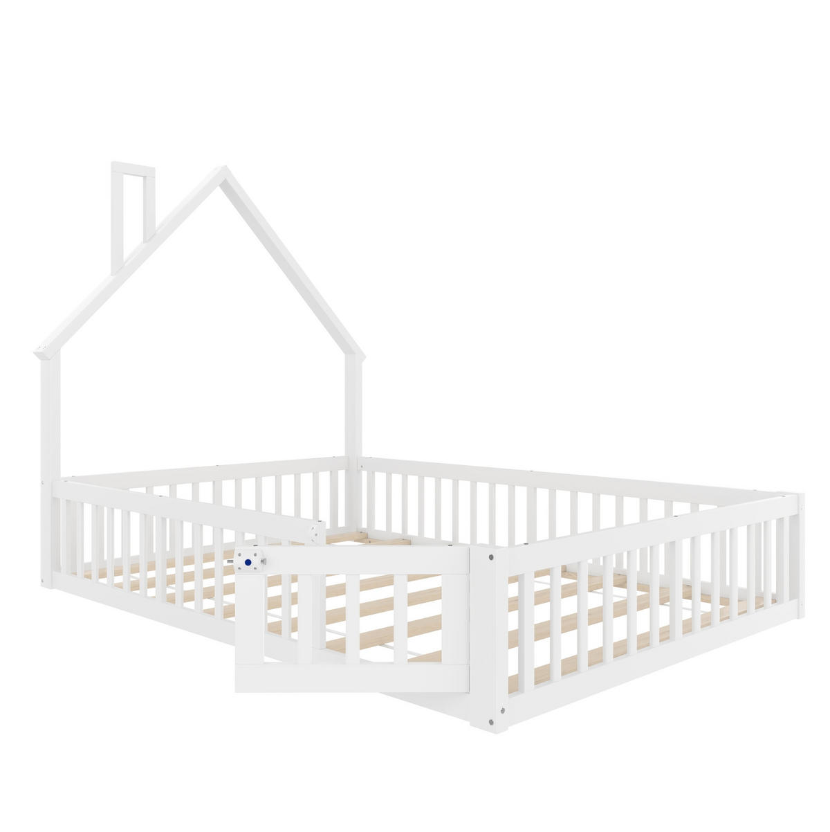 KINDERBETT 140/190 cm in Hausform mit Schornstein und Rundum-Sicherheitsgitter - Weiß, Holzwerkstoff (140/190cm) - BEAOK