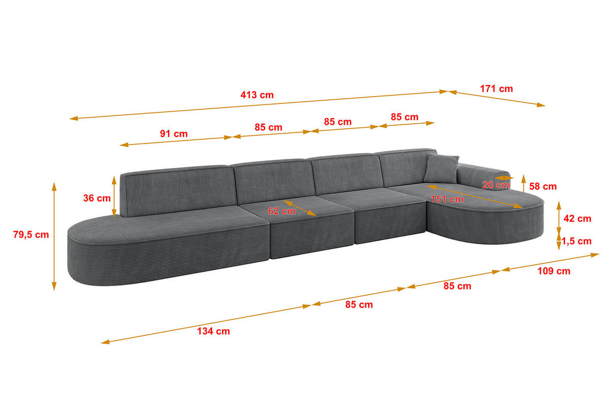 ECKSOFA Ottomane Rechts MARI-L3 - 413x171x79 cm Dunkelgrau Cord - Dunkelgrau/Schwarz, Holzwerkstoff/Kunststoff (171/413cm) - ALTDECOR