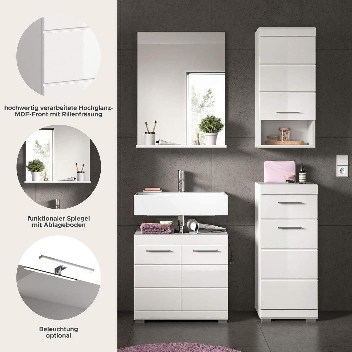 BADKOMBINATION 4tlg. Scout Bad in weiß Nachbildung und weiß hochglanz B/H/T: 112x191x34 cm - Weiß, Holz (112/191/34cm)