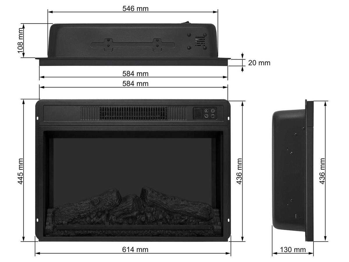 EINBAU Elektrokamin Einsatz AF23S – Breite 107 cm, 3D-Flammeneffekt, LED-Beleuchtung, Heizfunktion - Schwarz, Glas/Metall (61.4/44.5/13cm) - ArtiFlame