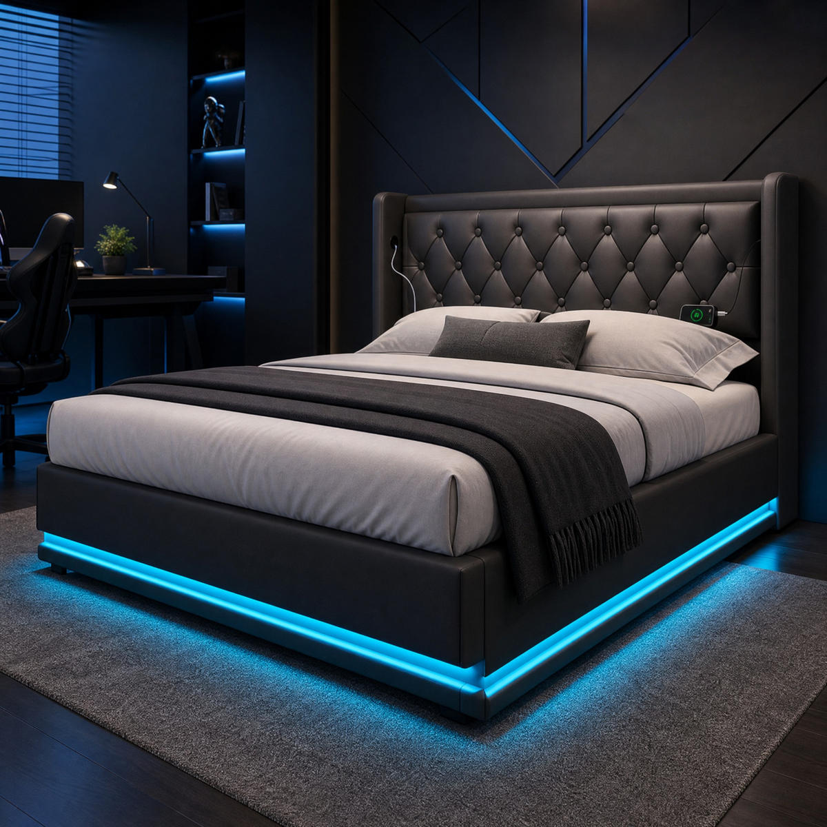 POLSTERBETT 160/200 mit Bettkasten, LED-Beleuchtung und USB Type-C Ladefunktion in Schwarz - Schwarz, Holzwerkstoff/Textil (160/200cm) - EVRYAE