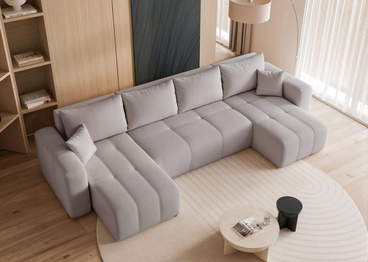 WOHNLANDSCHAFT U-Form Velours mit Bettkasten und Schlaffunktion - Grau, Holzwerkstoff/Textil (318/79/145cm) - Idohome