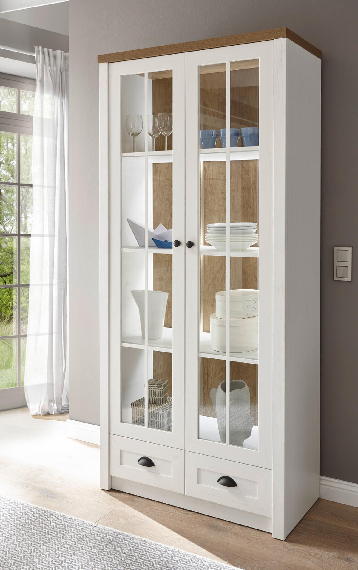 VITRINE weiß Pinie, Eiche hell Landhaus, Vitrinenschrank 90 x 198 cm - Eichefarben/Anthrazit, Holzwerkstoff/Metall (90/198/43cm) - Furn.Design