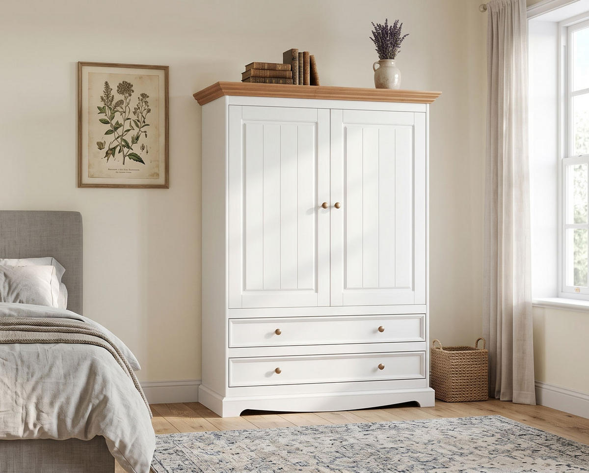 WÄSCHESCHRANK Belluno Elegante Kiefer weiß (RAL9010) lackiert / Kiefer gebeizt, Eichefarben 108 / 45 / 147cm - Eichefarben/Weiß, Holz/Metall (108/147/45cm) - Feldmann-Wohnen