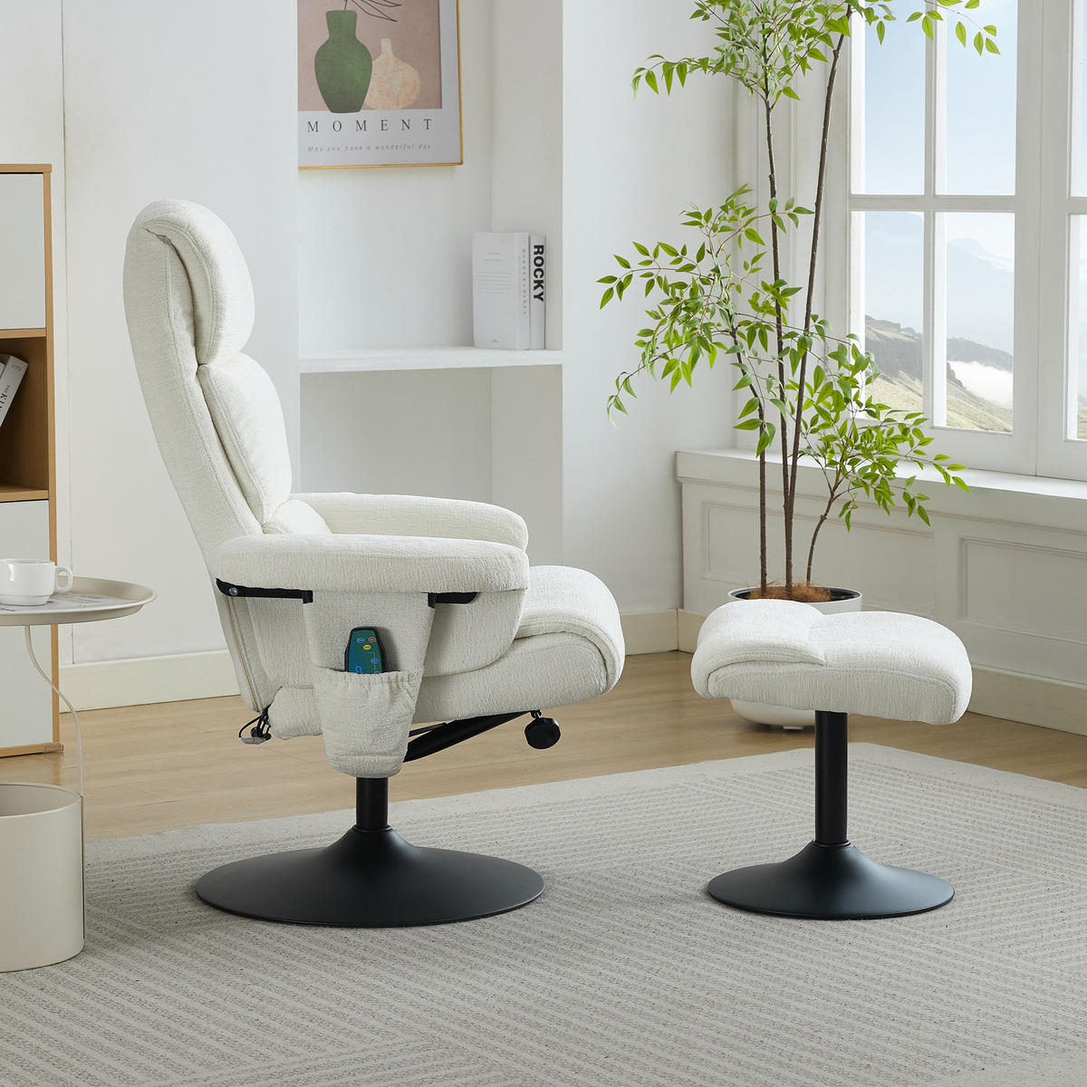 RELAXSESSEL mit Liegefunktion, 5-Punkt-Massage & Heizfunktion, 360° drehbar, inkl. Hocker, Chenille Weiß - Weiß, Textil (75.5/100/77cm) - Ej. Life
