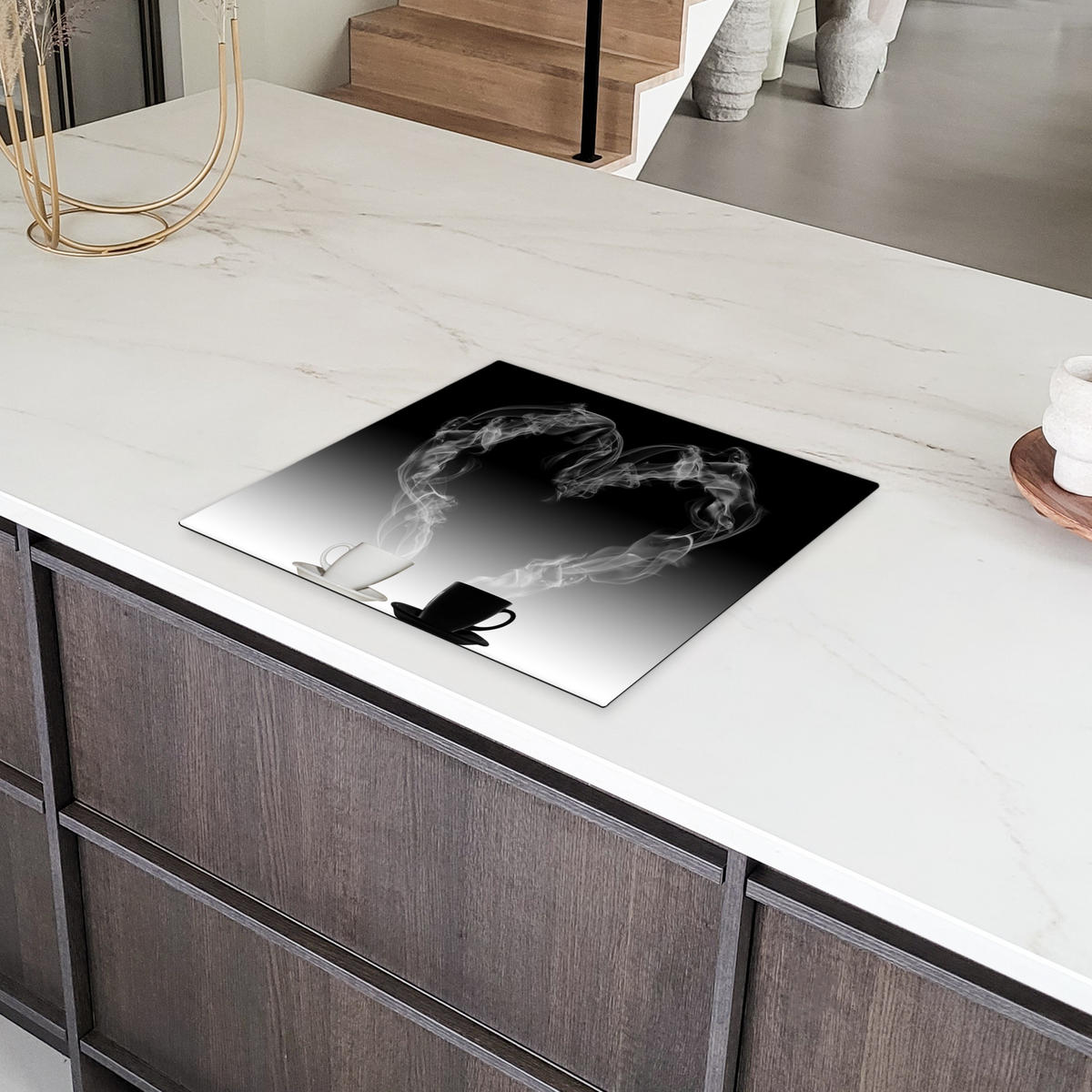 HERDABDECKPLATTE Kaffee - Herz - Schwarz und weiß - Tassen 57x51 cm - Weiß, Kunststoff (57.6/0.2/51.6cm) - MuchoWow