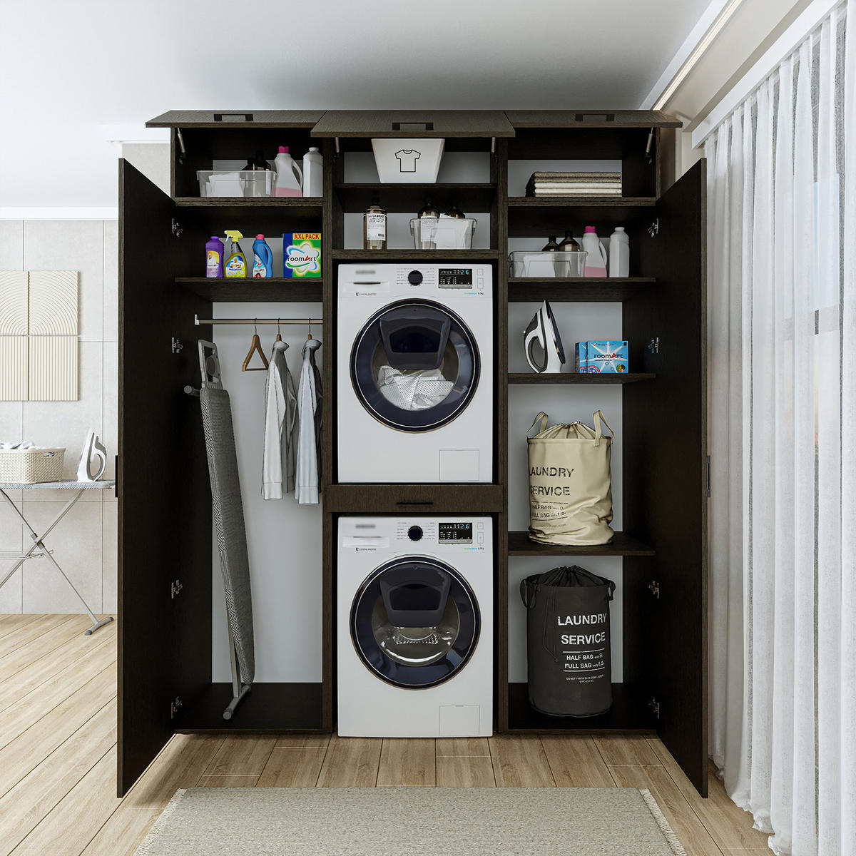 WASCHMASCHINENSCHRANK DUO-I 187cm Breit, 240cm Hoch - Schwarz, Holzwerkstoff (187/240/67cm)
