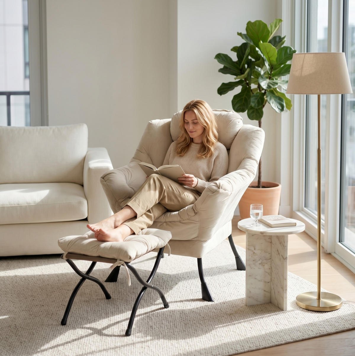 SESSEL mit Hocker in Beige mit Seitentasche und gepolsterten Armlehnen,72/80/93 cm - Beige, Metall (72/93/80cm) - BEAOK