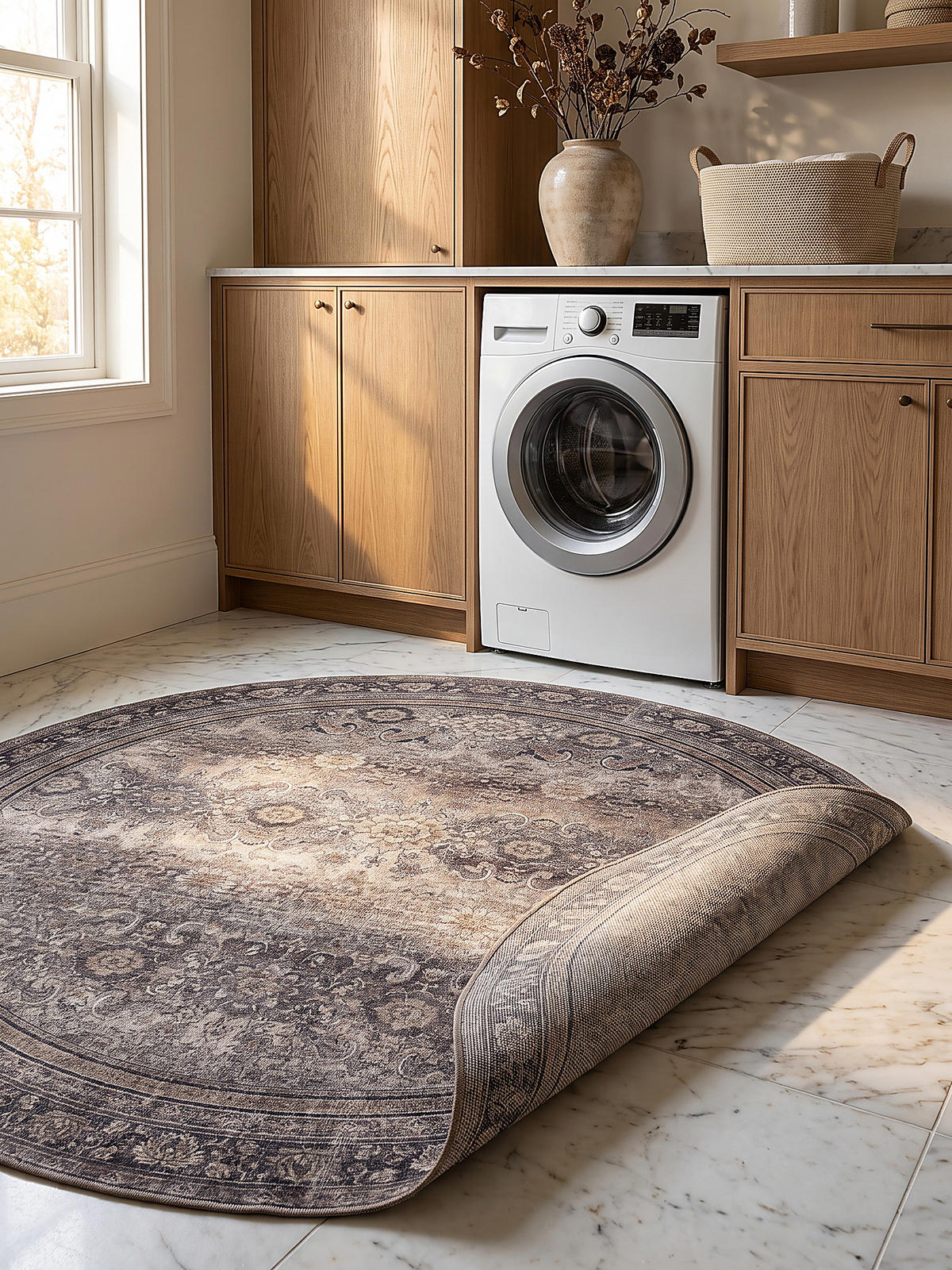 TEPPICH Kurzflor, waschbar, mit floralen Ornamenten, VERNANTE in Braun-Grau, Ø 120 cm - Braun, Textil (120/120cm) - KADIMA DESIGN