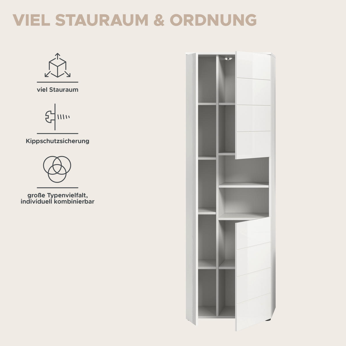 HOCHSCHRANK VIRA (B/H/T: ca. 60/190/34 cm) in weiß/weiß hochglanz - Weiß, Holzwerkstoff (60/190/34cm)