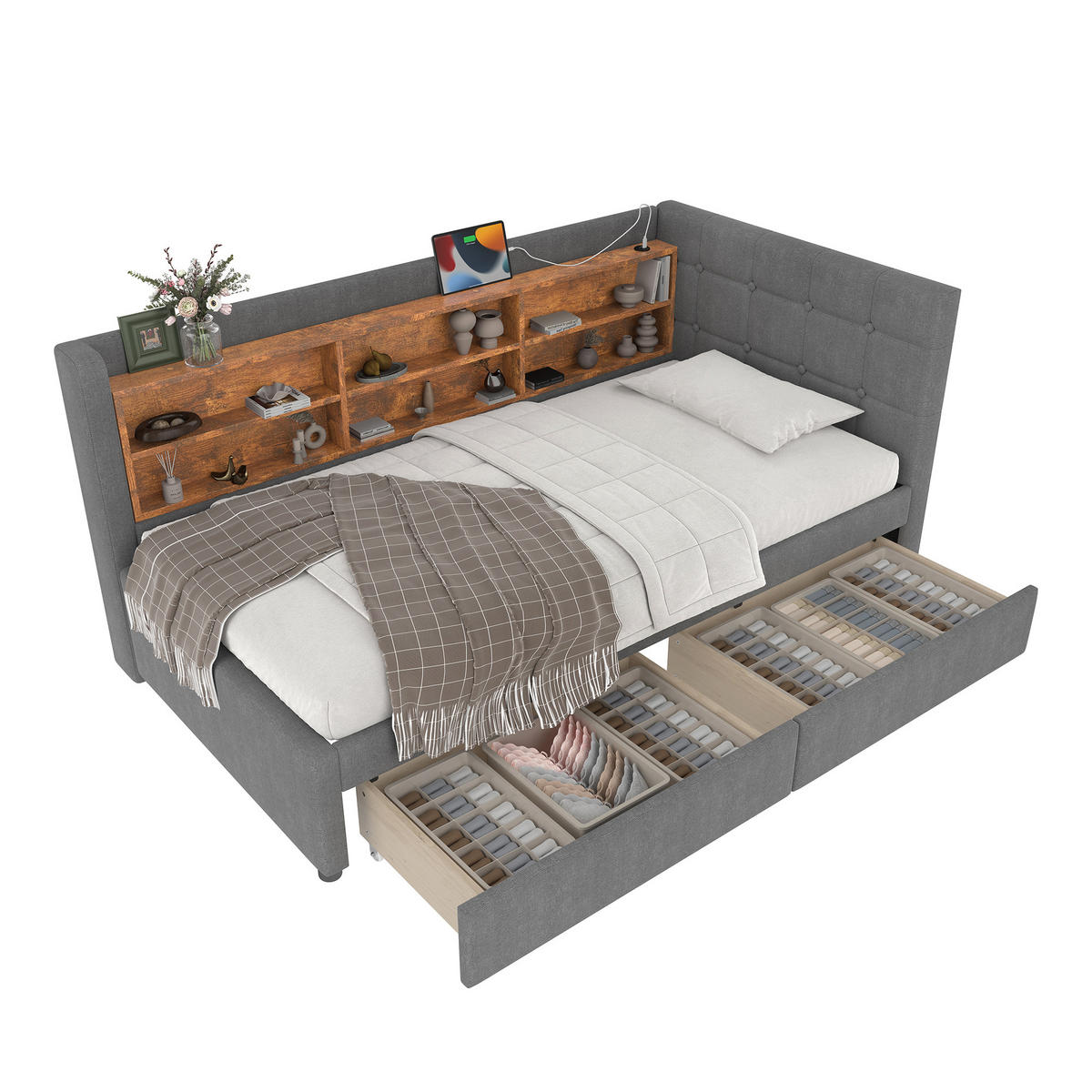 TAGEBETT 90x200cm Grau Leinen 2 Schubladen USB-C Ablagefächer - Grau, Holz (90/200cm) - FLIEKS