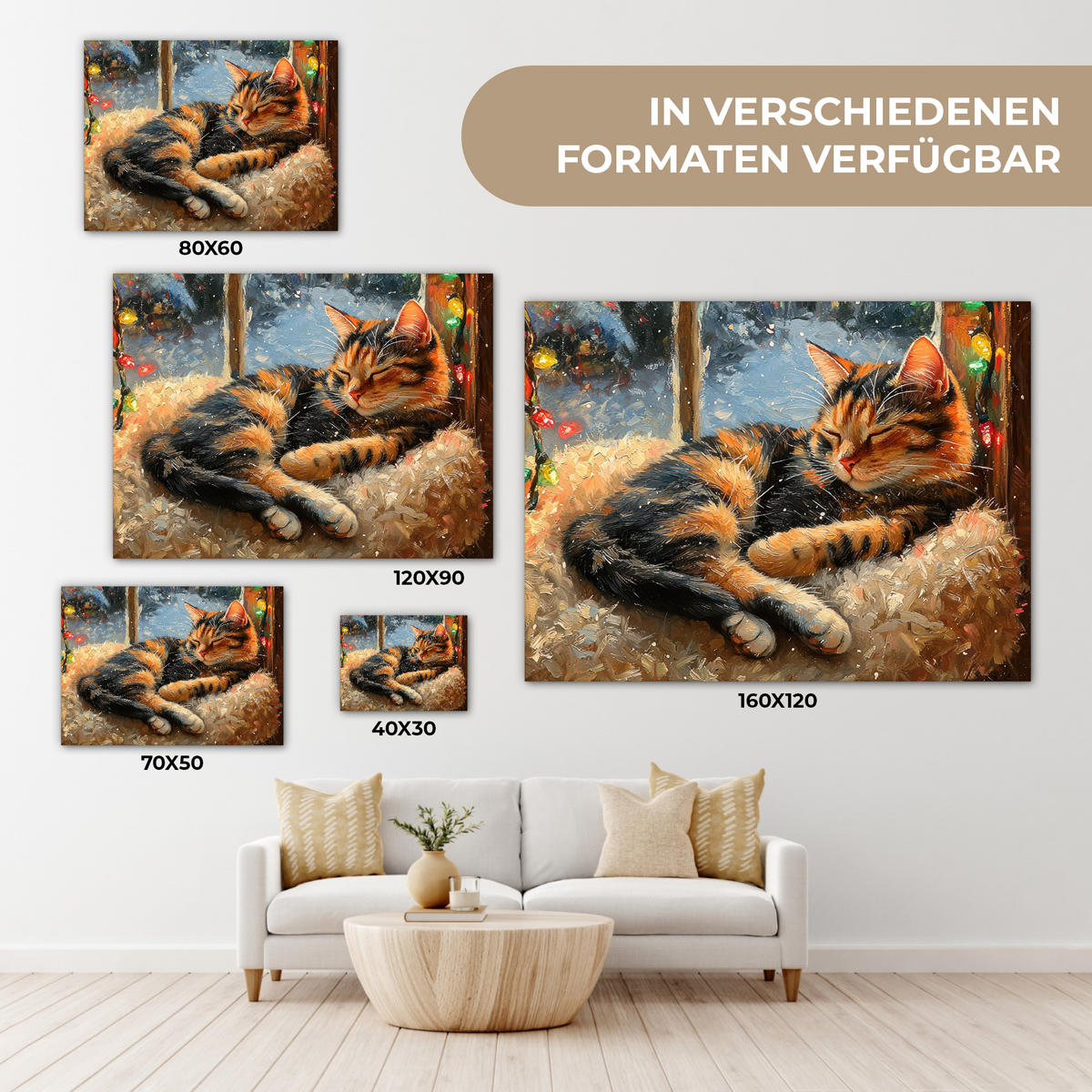 LEINWANDBILD Katze - Weihnachten - Winter - Tier Wandbilder 80x60 cm - Bernsteinfarben, Textil (80/60cm) - MuchoWow