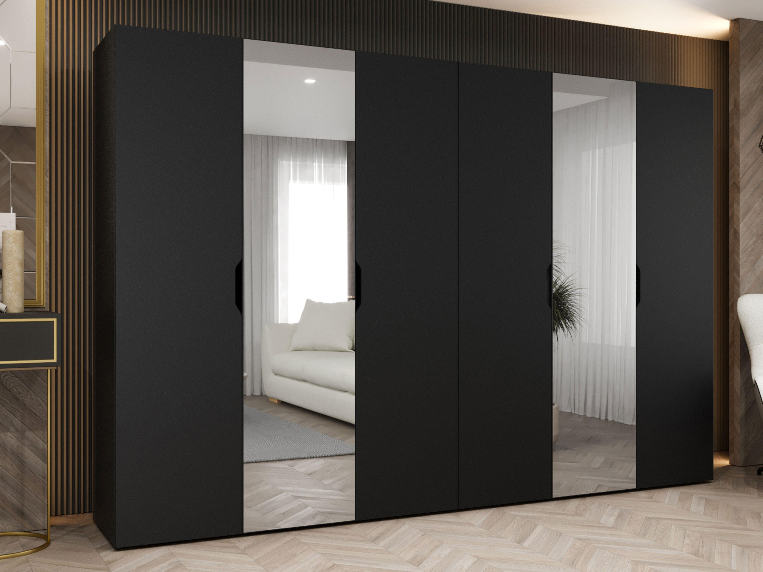 DREHTÜRENSCHRANK Malaga 300 mit Frontspiegel - Schwarz, Holzwerkstoff (300/202/52cm) - MIRJAN24