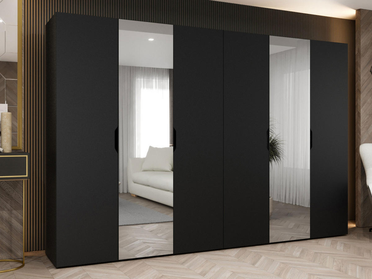 DREHTÜRENSCHRANK Malaga 300 mit Frontspiegel - Schwarz, Holzwerkstoff (300/202/52cm) - MIRJAN24