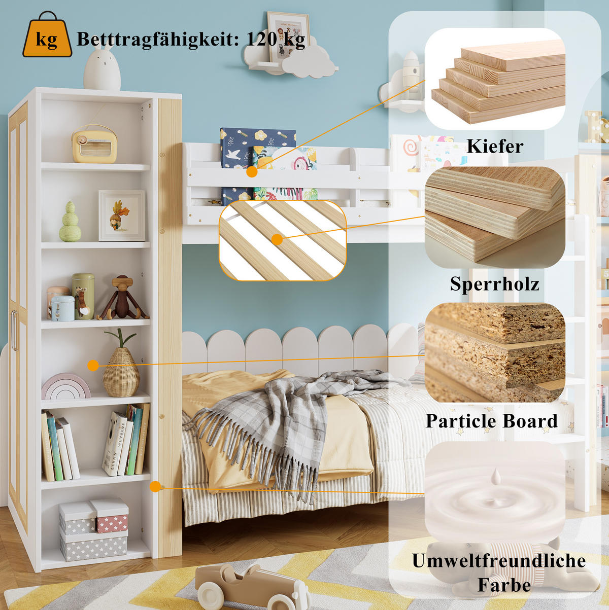 ETAGENBETT 90/200 cm mit Kleiderschrank, Regalen, 4-stufiger Leiter und Fallschutz aus Kieferholz & MDF, Weiß/Natur - Weiß, Holzwerkstoff (90/200cm) - Redom