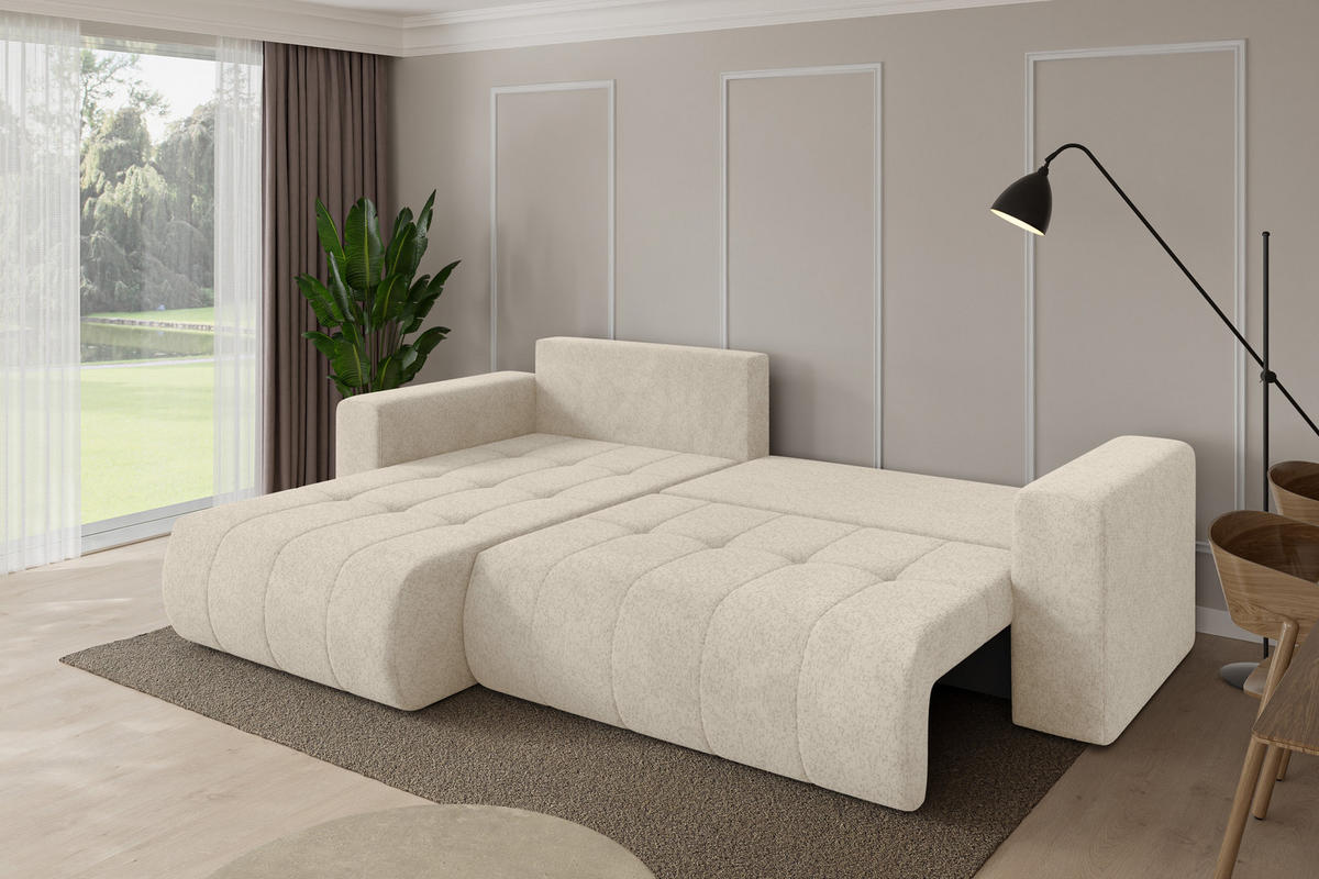 ROHOVÁ SEDAČKA s funkcí spaní, otoman vlevo MILA-L 277x194x86 krémová velur - černá/krémová, kompozitní dřevo/textil (277/194cm) - ALTDECOR
